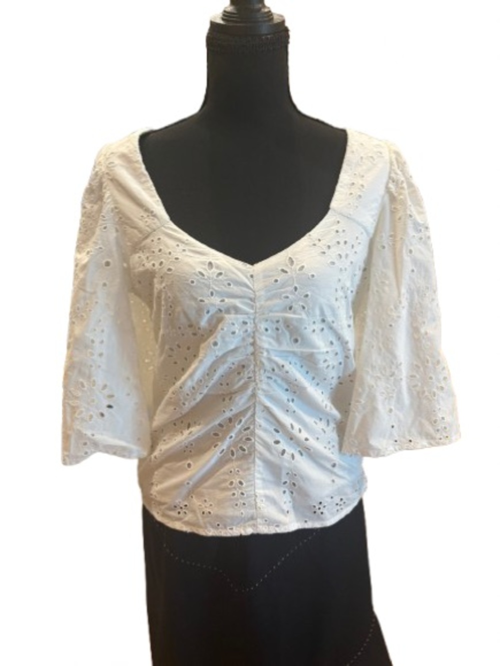 Scotch & Soda White Eyelet Ruched V-Neck Blouse